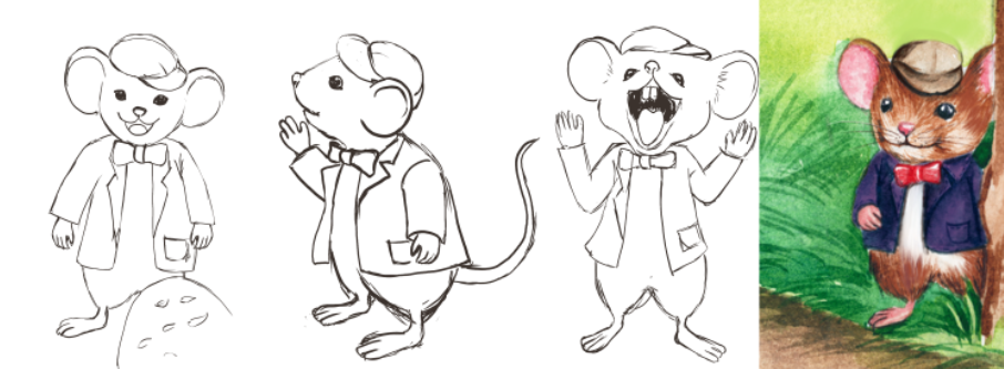Early pencil sketches showing the creation and development of the Spiggle Mouse character